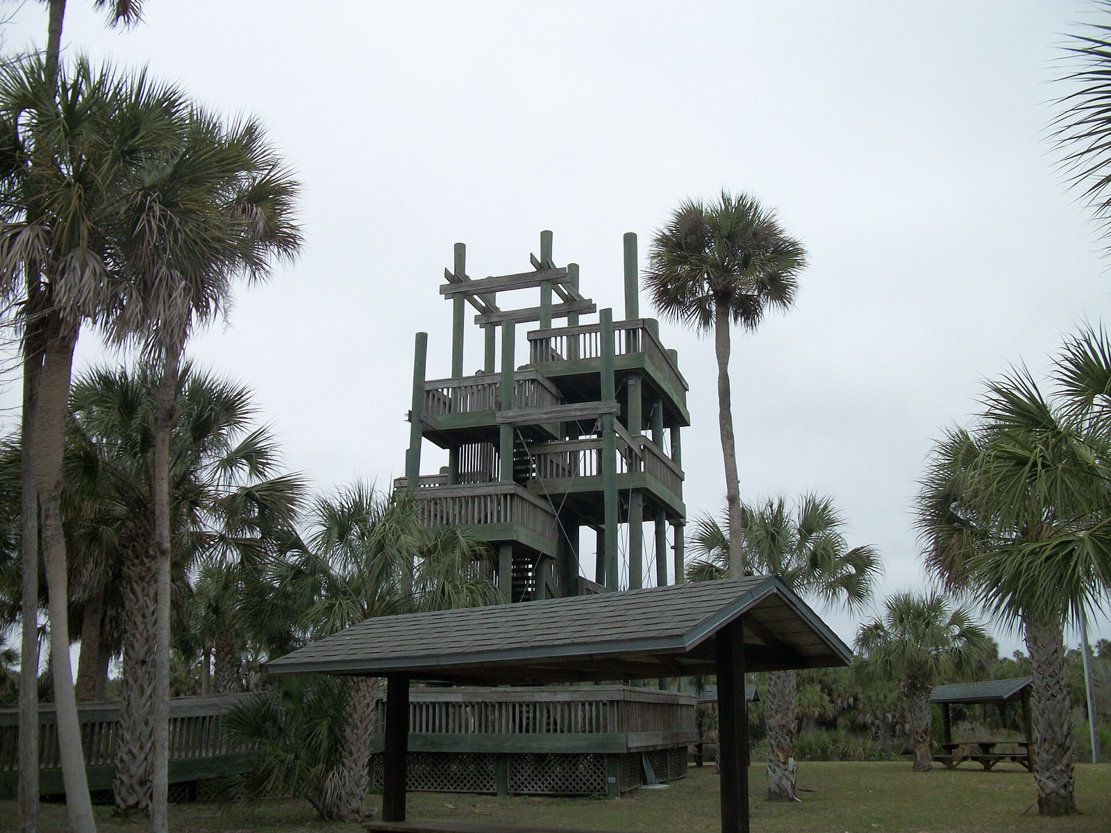 A wooden observation tower at Jenkins Creek Park in Hernando Beach, Florida