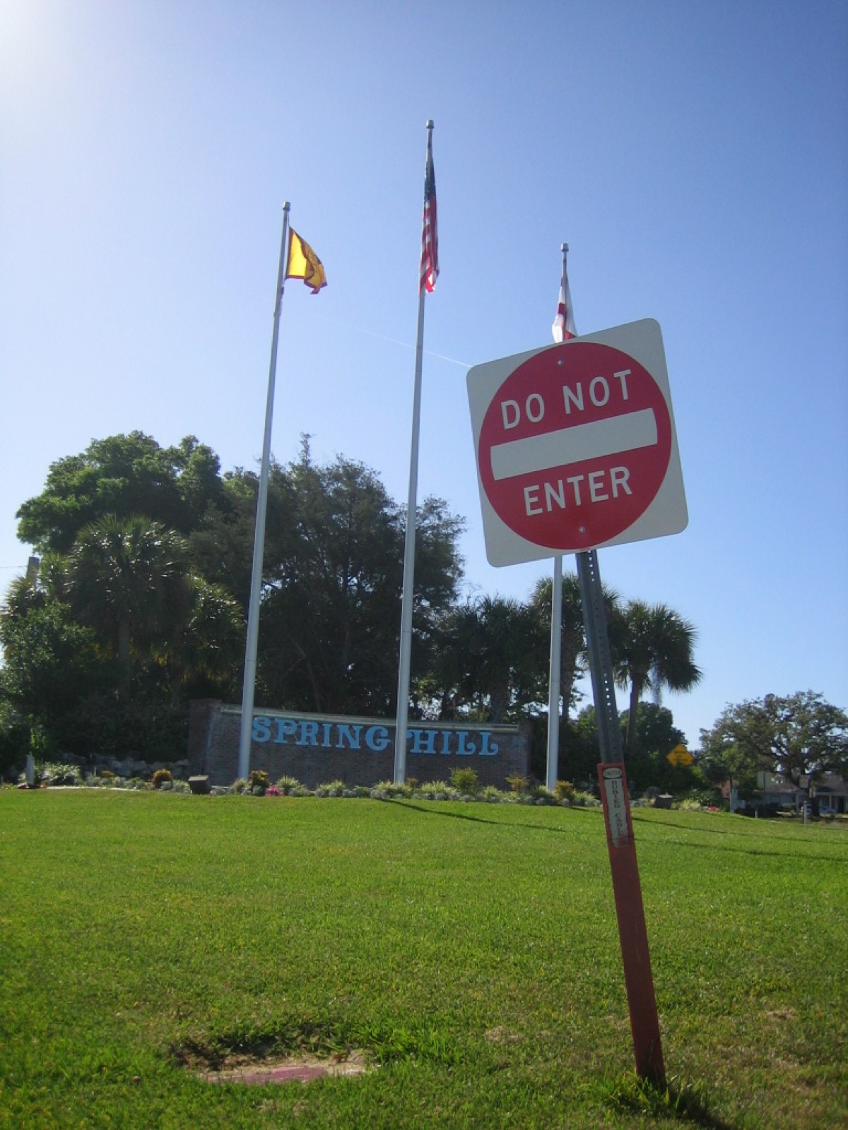 The Spring Hill entrance monument and sign at the original 1967 development entrance